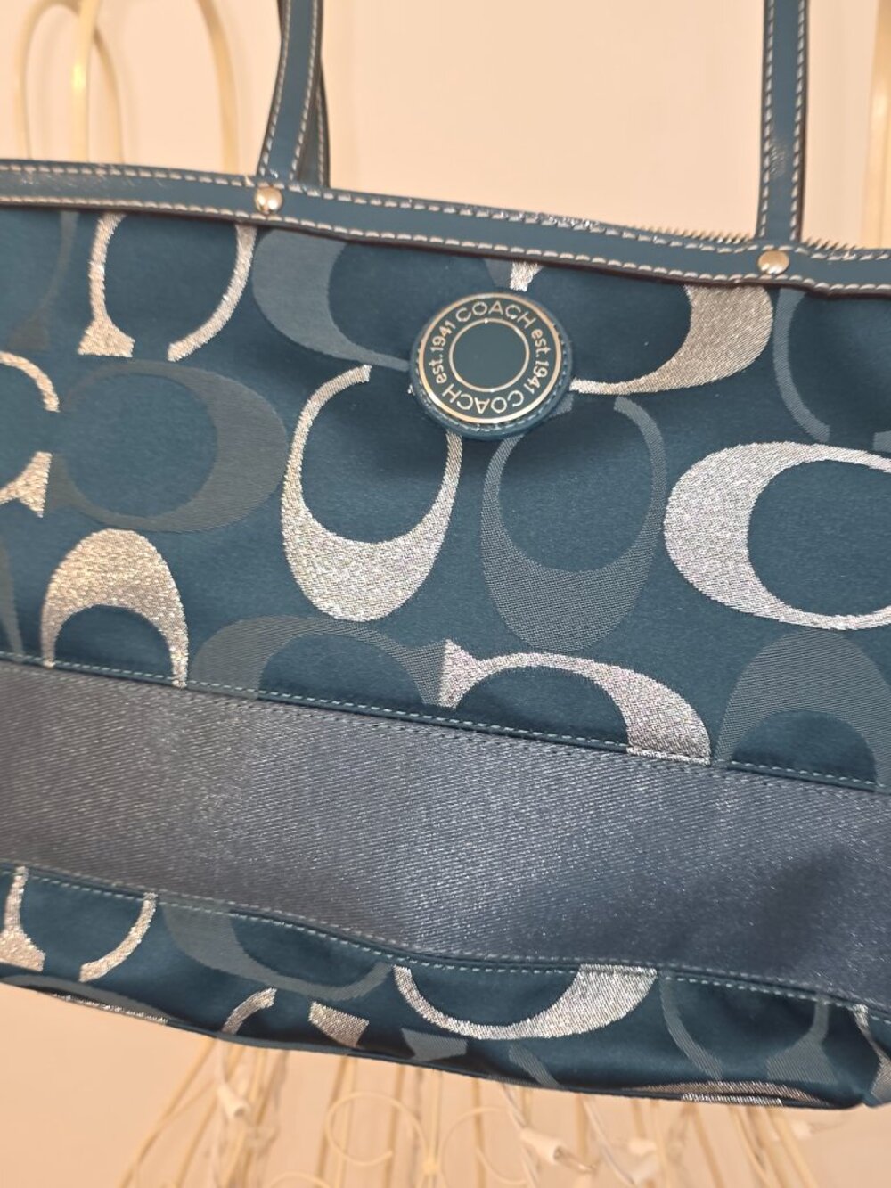 Coach Gallery Optic Signature Tote Teal Blue Jacquard Zip Shoulder Bag 12906 - Picture 3 of 12